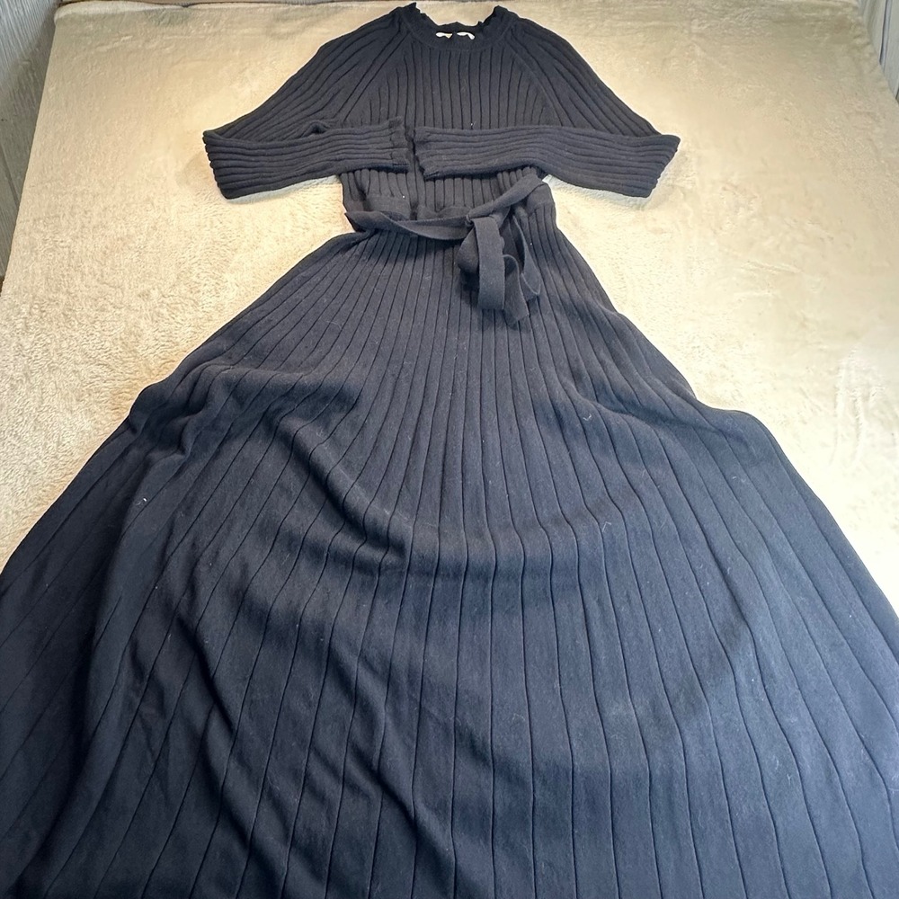 Boden Black Ribbed Knit Maxi Dress Long Sleeve Tie Waist US 12R D0340